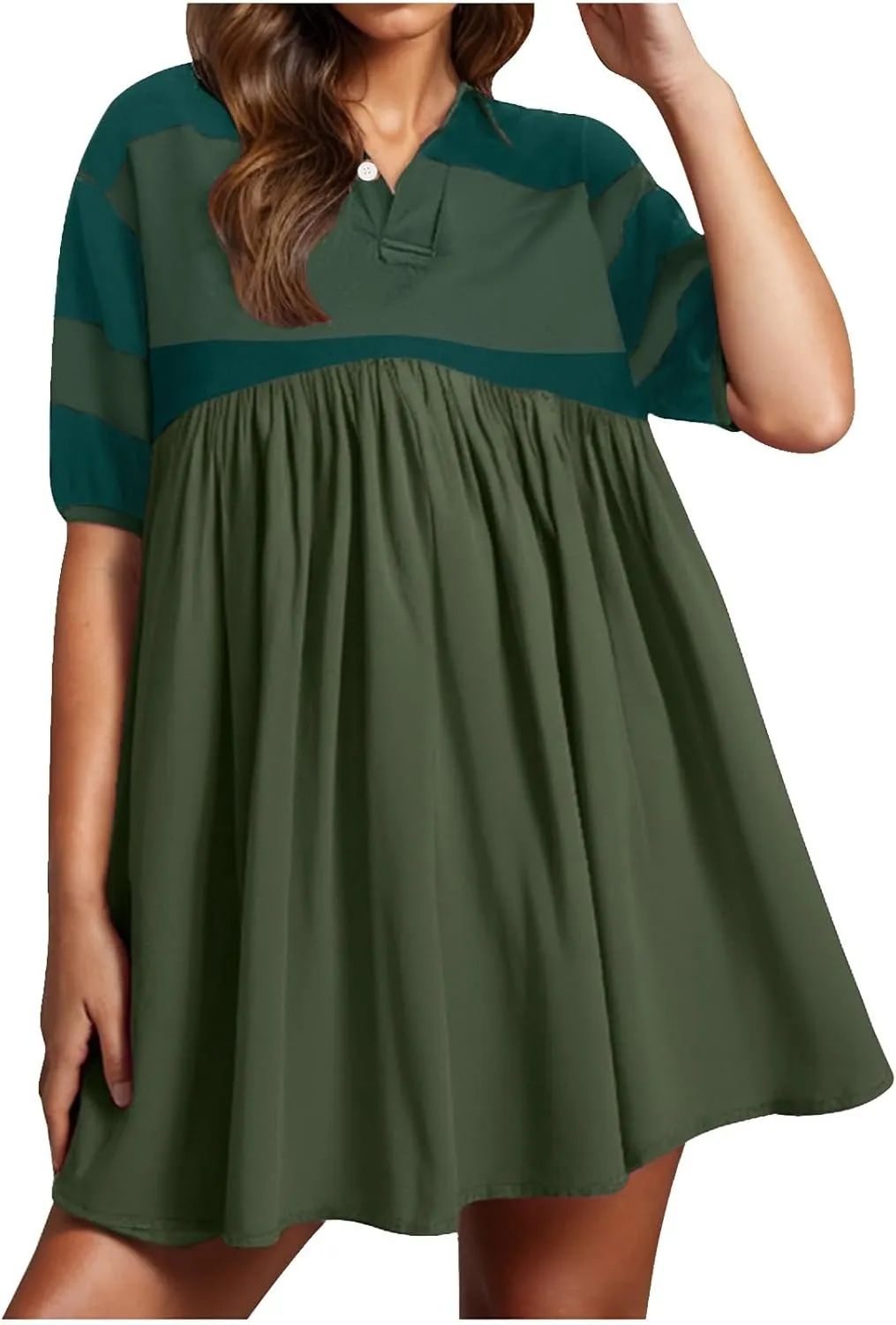 Womens Summer Babydoll Dresses Oversized Casual Short Sleeve Color Block Collared V Neck Flowy Shirt Mini Dress Plus
