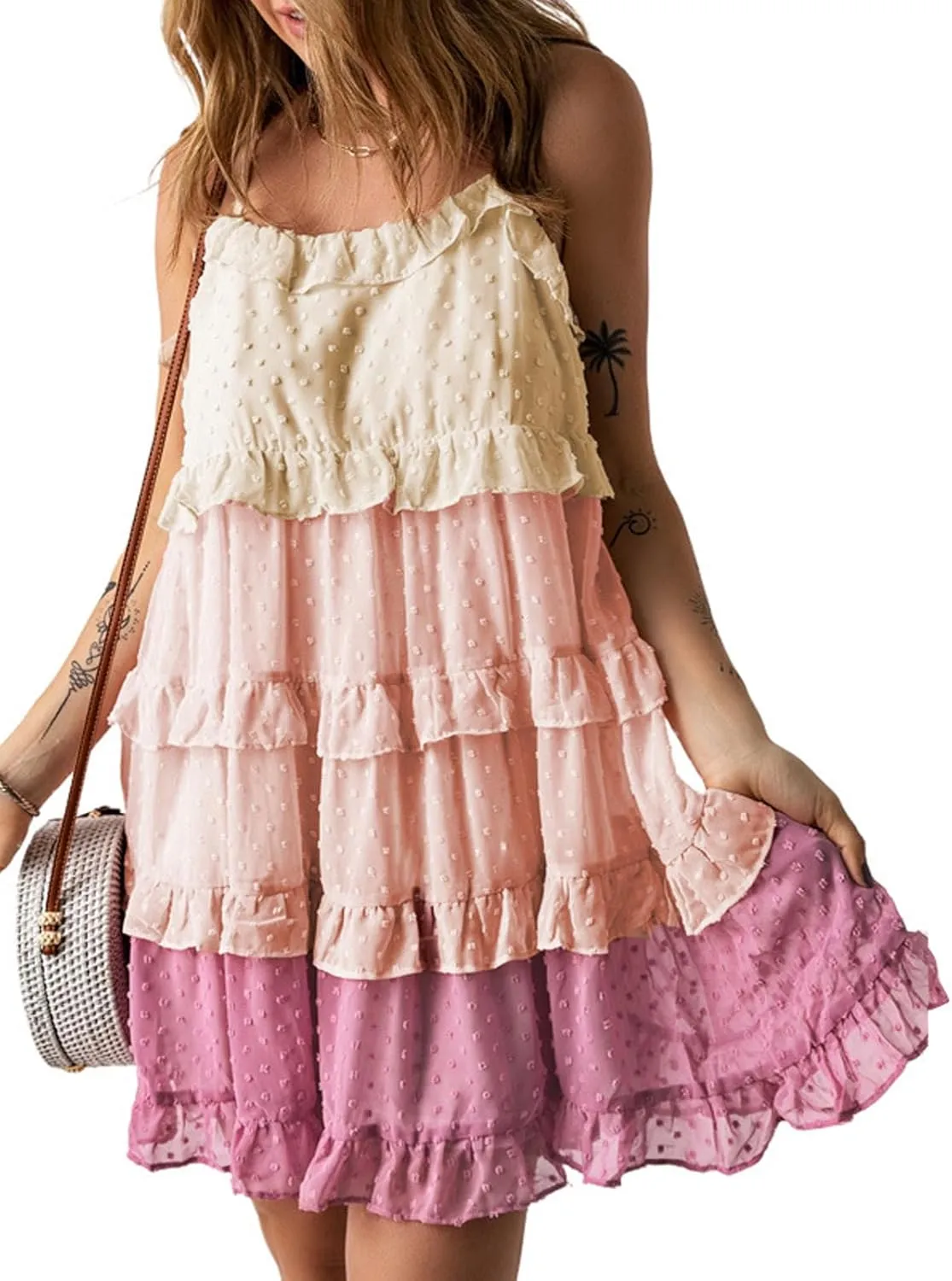 Women's Summer Casual Spaghetti Strap Dress Color Block Swiss Dot Flowy Tiered Ruffle Babydoll Mini Dress