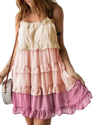 Women's Summer Casual Spaghetti Strap Dress Color Block Swiss Dot Flowy Tiered Ruffle Babydoll Mini Dress
