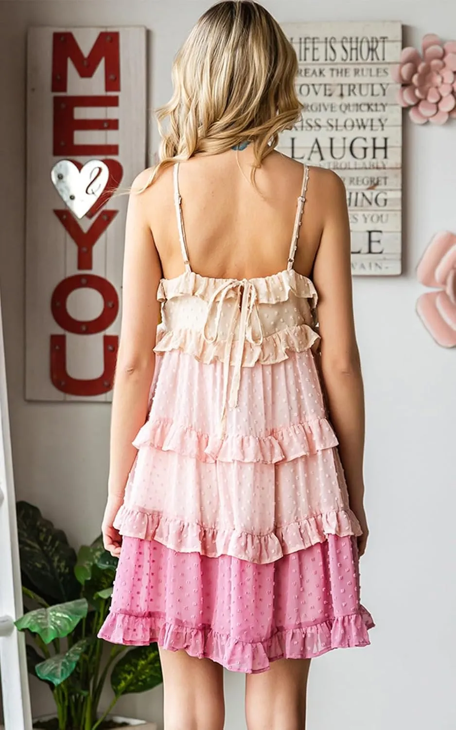 Women's Summer Casual Spaghetti Strap Dress Color Block Swiss Dot Flowy Tiered Ruffle Babydoll Mini Dress