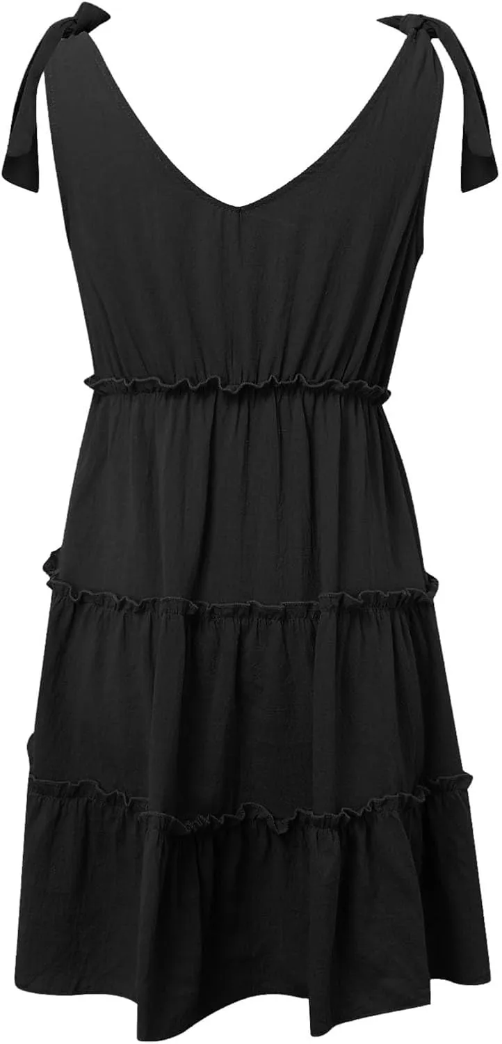 Women's Summer Casual V Neck Sleeveless Mini Dress Tie Shoulder Width Layered Ruffles Summer Long Dresses for