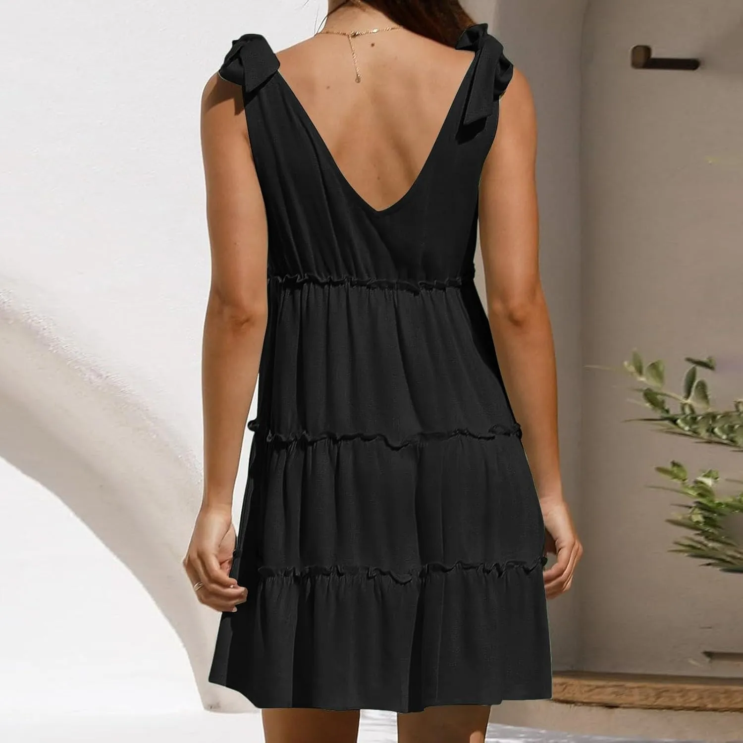 Women's Summer Casual V Neck Sleeveless Mini Dress Tie Shoulder Width Layered Ruffles Summer Long Dresses for
