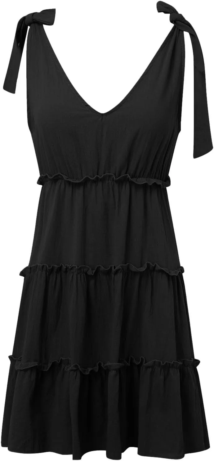 Women's Summer Casual V Neck Sleeveless Mini Dress Tie Shoulder Width Layered Ruffles Summer Long Dresses for