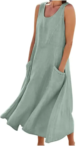 Women's Summer Cotton Linen Maxi Dresses Sleeveless Solid Flowy Long Dress Plus Size Loose Comfy Dress with Pockets