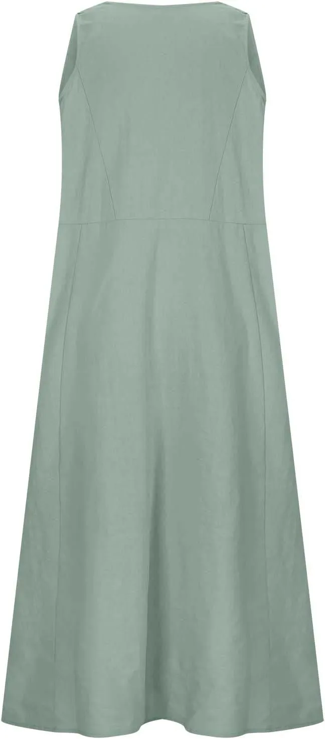 Women's Summer Cotton Linen Maxi Dresses Sleeveless Solid Flowy Long Dress Plus Size Loose Comfy Dress with Pockets