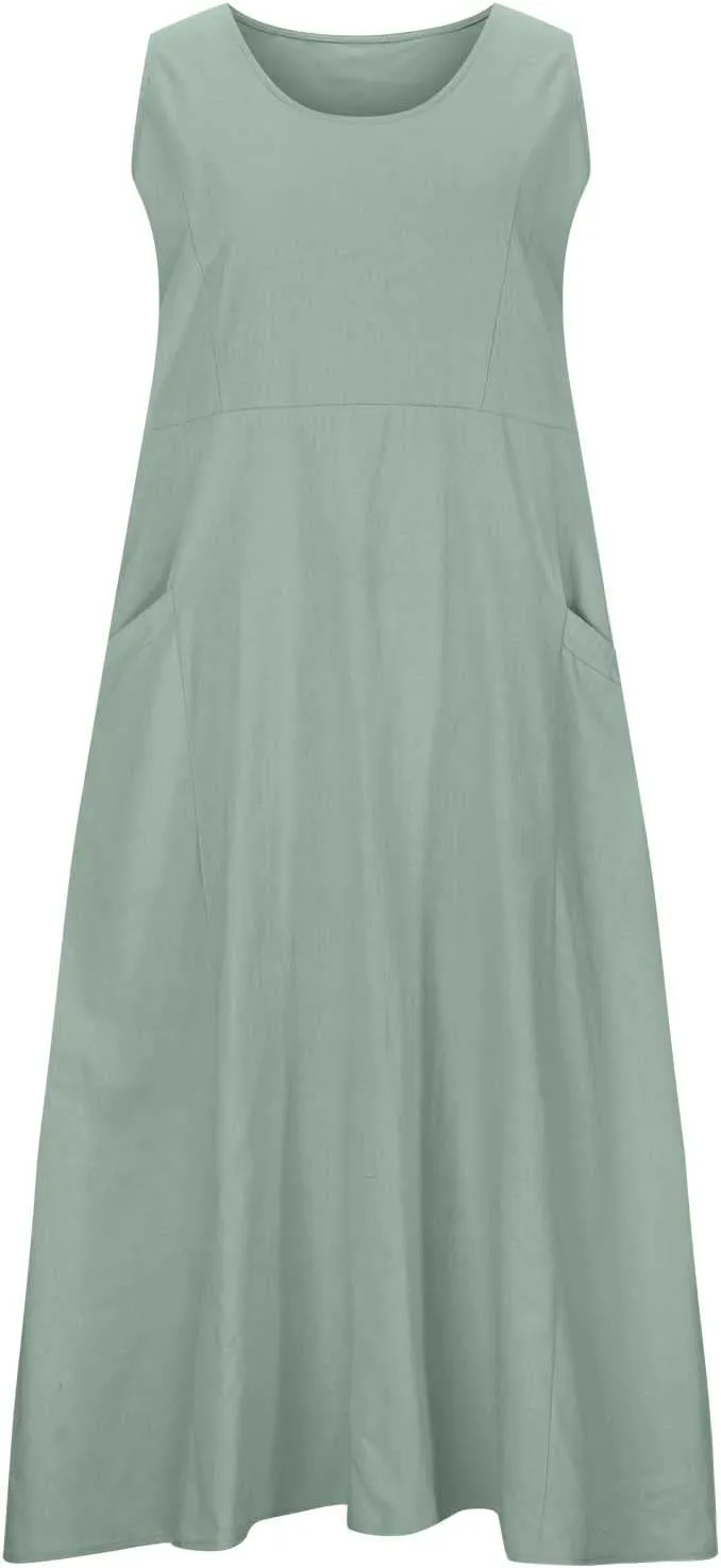 Women's Summer Cotton Linen Maxi Dresses Sleeveless Solid Flowy Long Dress Plus Size Loose Comfy Dress with Pockets