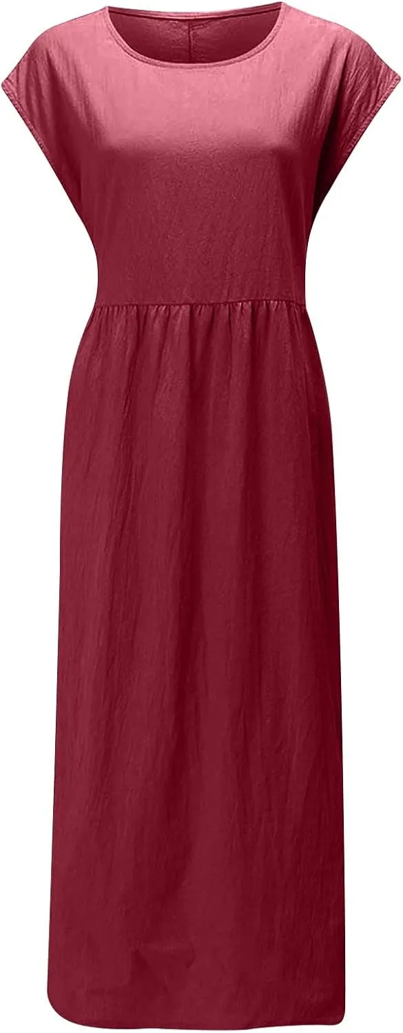 Women's Summer Cotton Linen Shirt Dress Short Sleeve Flowy Long Maxi Dresses Plus Size Vocation Party Dress