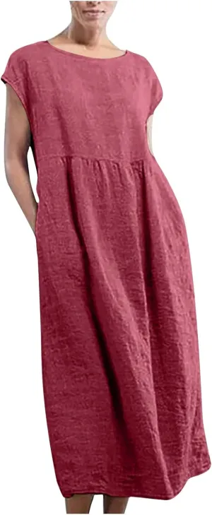 Women's Summer Cotton Linen Shirt Dress Short Sleeve Flowy Long Maxi Dresses Plus Size Vocation Party Dress