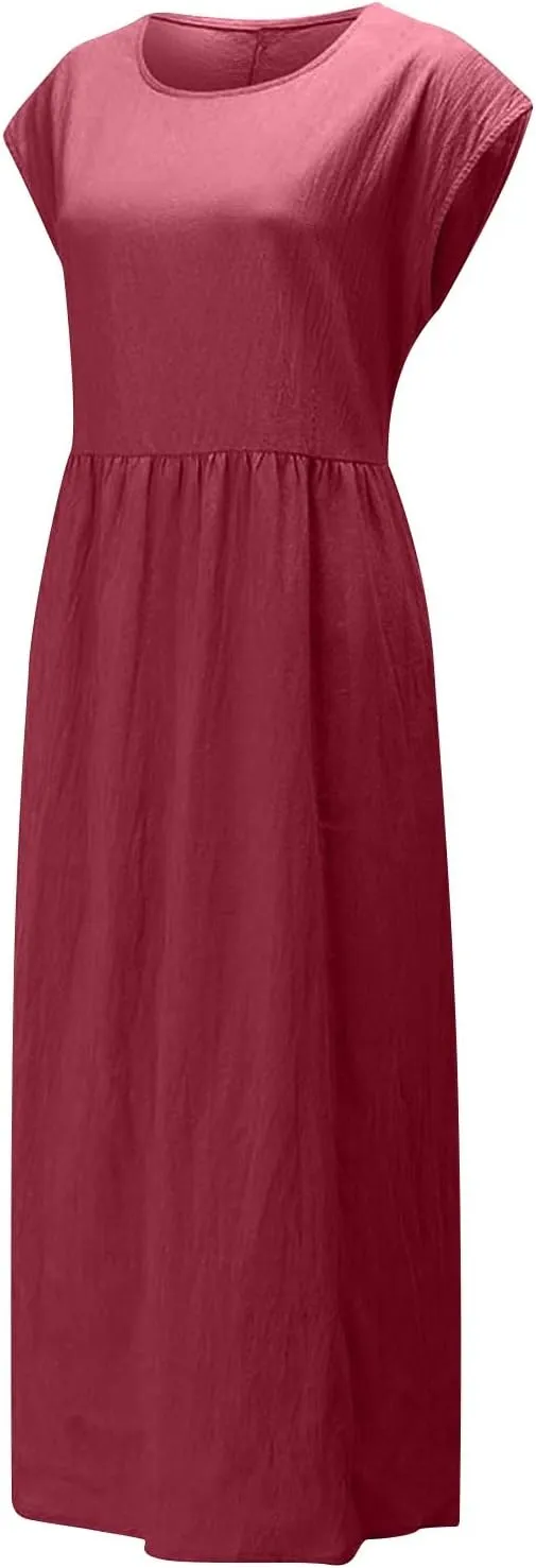 Women's Summer Cotton Linen Shirt Dress Short Sleeve Flowy Long Maxi Dresses Plus Size Vocation Party Dress