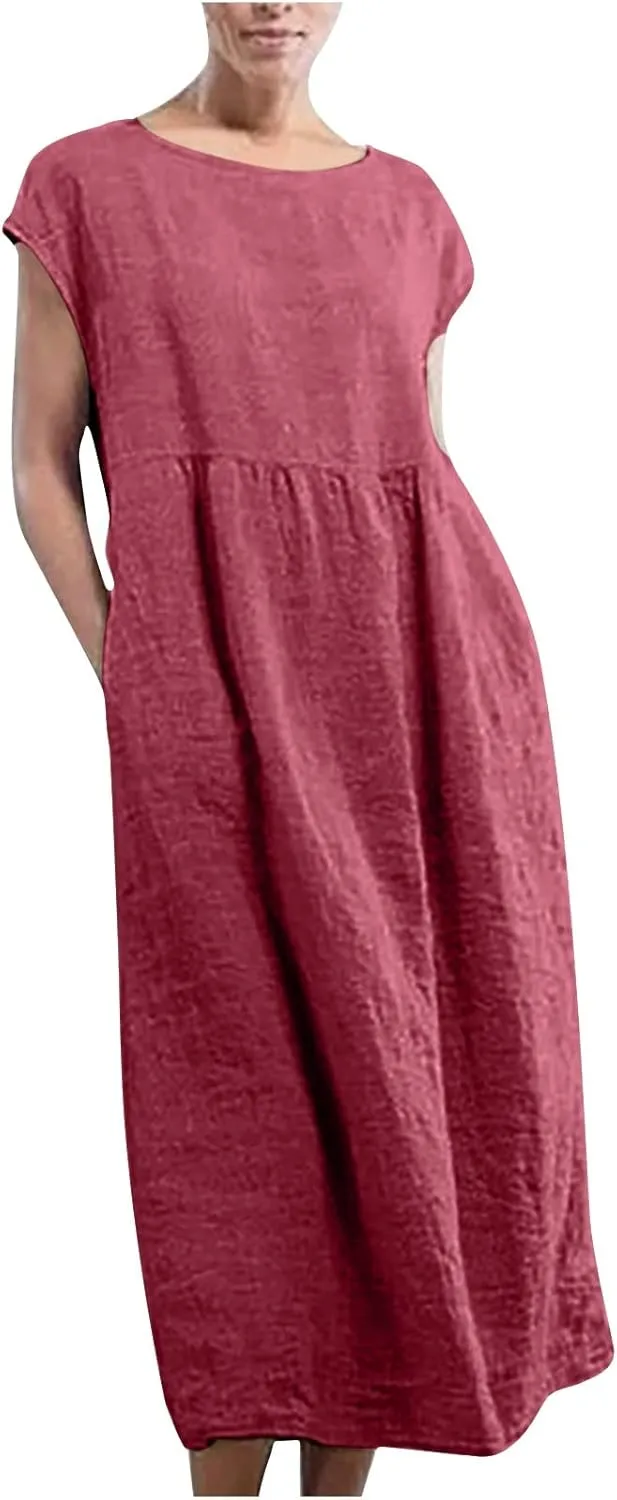Women's Summer Cotton Linen Shirt Dress Short Sleeve Flowy Long Maxi Dresses Plus Size Vocation Party Dress
