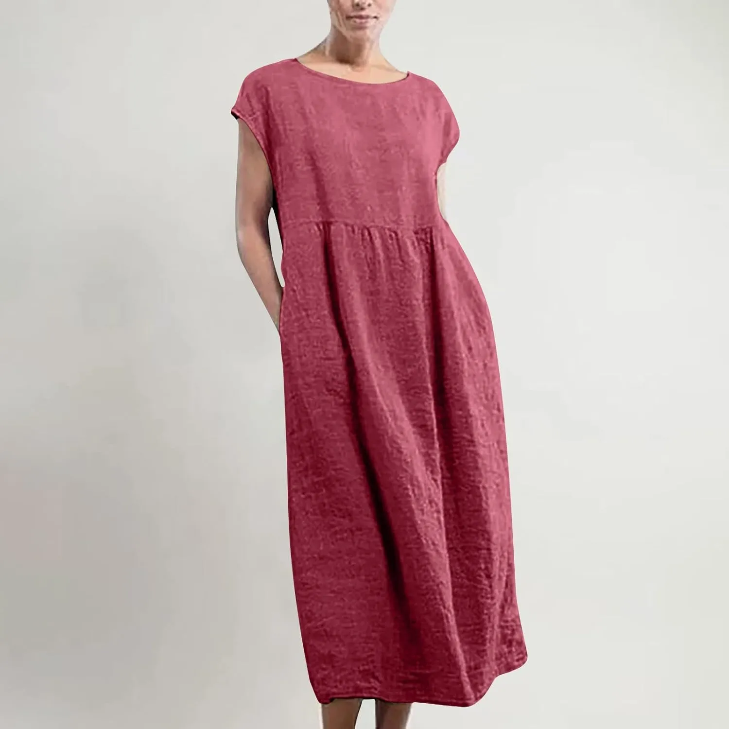 Women's Summer Cotton Linen Shirt Dress Short Sleeve Flowy Long Maxi Dresses Plus Size Vocation Party Dress