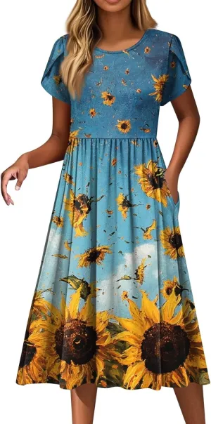 Women's Summer Dress Flutter Short Sleeve O Neck Midi Dresses Boho Sunflower Printed Flowy Swing Sundress