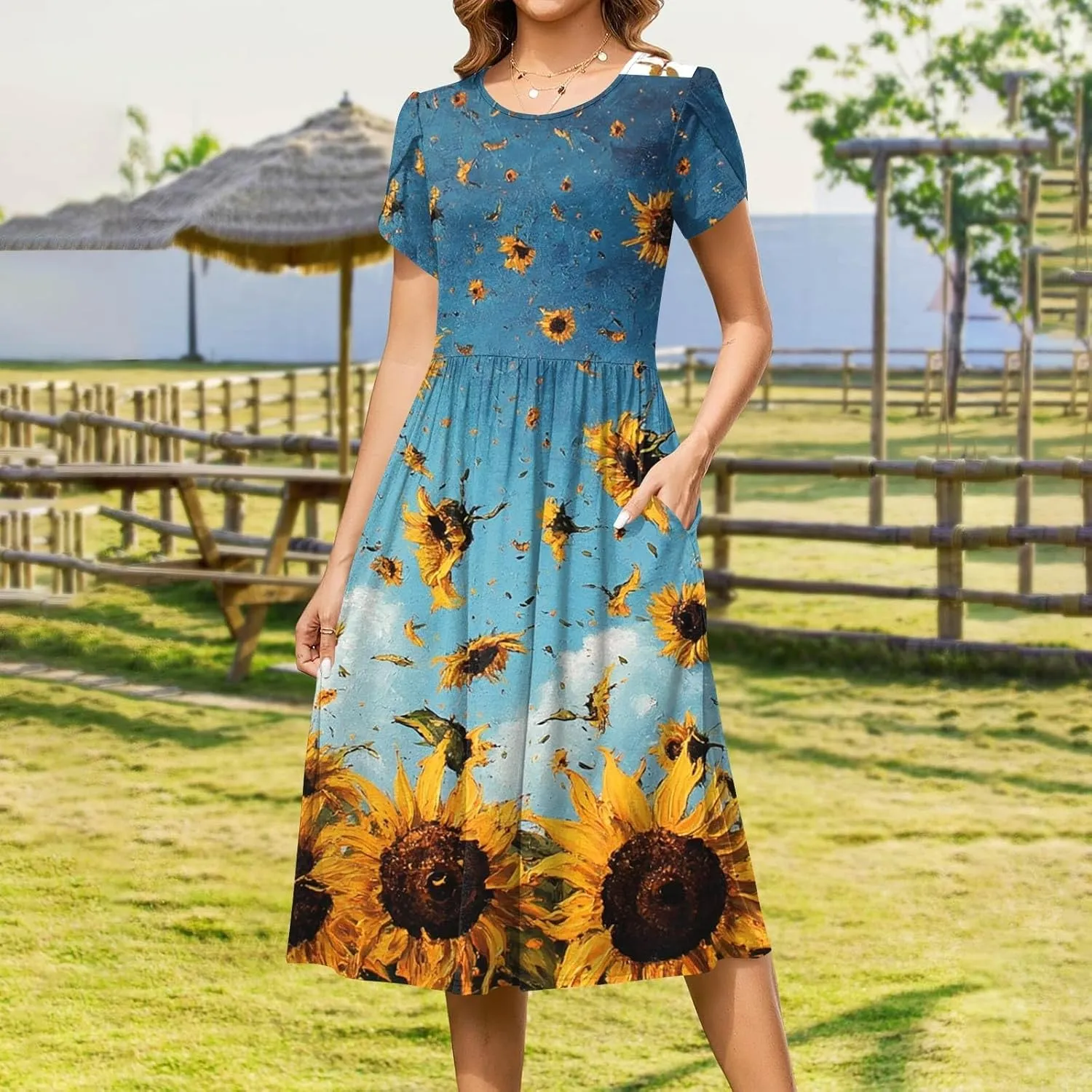 Women's Summer Dress Flutter Short Sleeve O Neck Midi Dresses Boho Sunflower Printed Flowy Swing Sundress