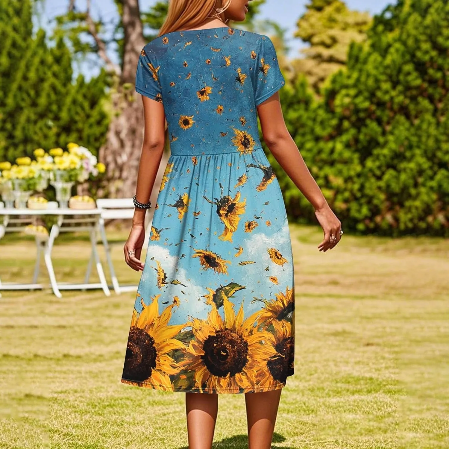 Women's Summer Dress Flutter Short Sleeve O Neck Midi Dresses Boho Sunflower Printed Flowy Swing Sundress