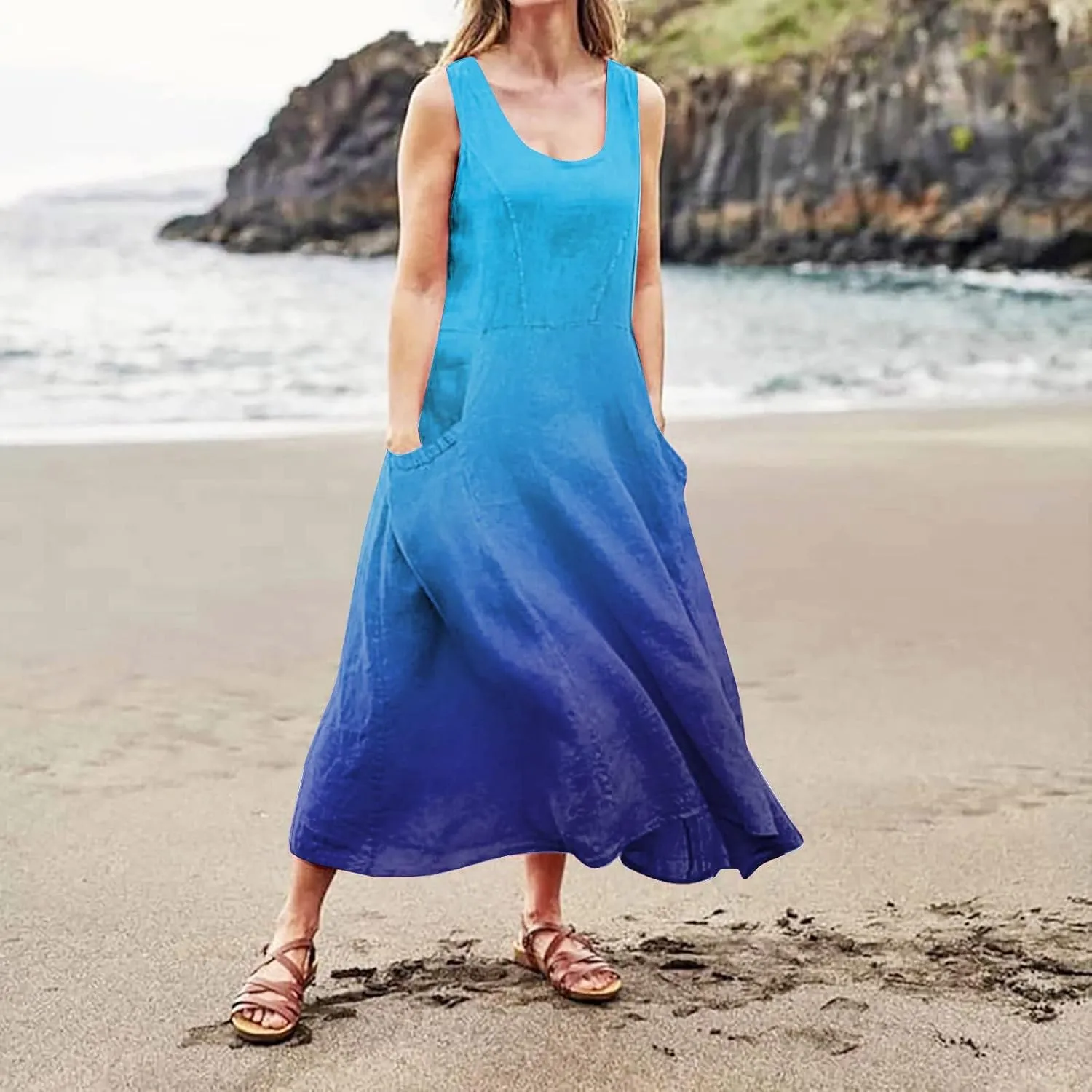 Womens Summer Dresses 2024 Casual Floral Print Boho Beach Sundress O Neck Sleeveless Loose Maxi Dress with Pockets