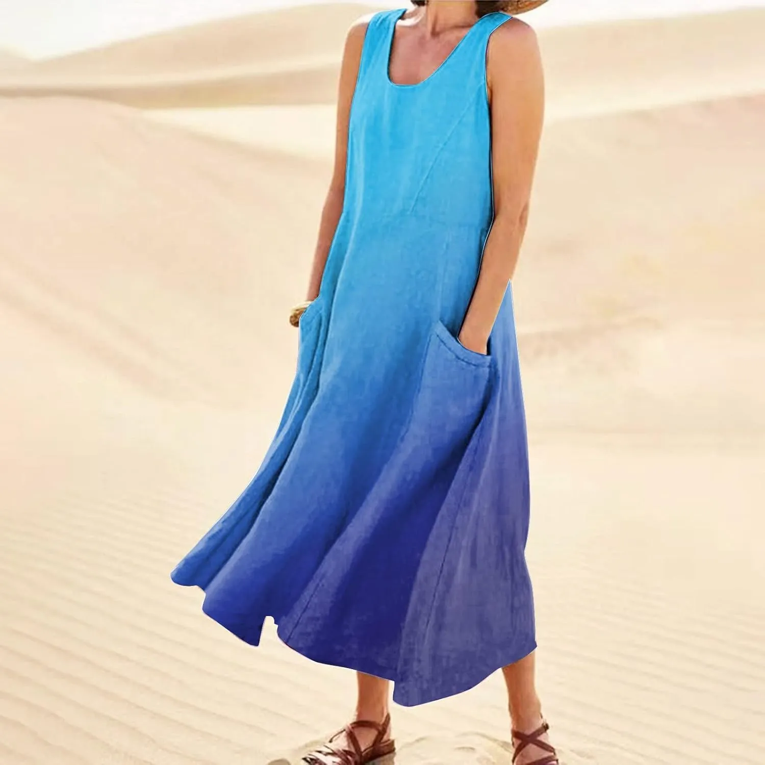 Womens Summer Dresses 2024 Casual Floral Print Boho Beach Sundress O Neck Sleeveless Loose Maxi Dress with Pockets