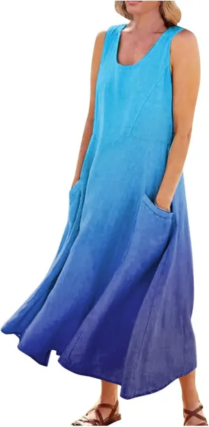 Womens Summer Dresses 2024 Casual Floral Print Boho Beach Sundress O Neck Sleeveless Loose Maxi Dress with Pockets