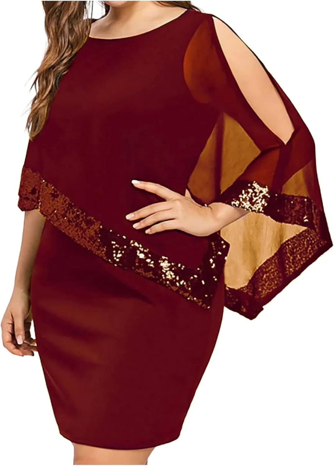 Women's Summer Dresses 2025 Trendy Round Neck Sequin Lace Solid Color Chiffon Party Prom Cocktail Dress, S-5XL