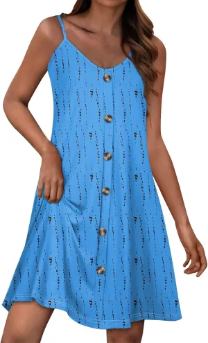 Womens Summer Dresses Beach Floral Sundresses Button Flowy Mini Dress Spaghetti Strap Casual Sleeveless a Line Dress