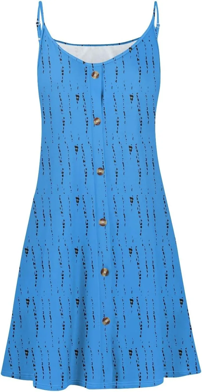 Womens Summer Dresses Beach Floral Sundresses Button Flowy Mini Dress Spaghetti Strap Casual Sleeveless a Line Dress