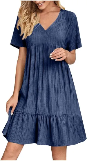 Women's Summer Dresses Casual Midi Swing Short Sleeve V Neck Tiered A Line Flowy Beach Dress Sundress 2025