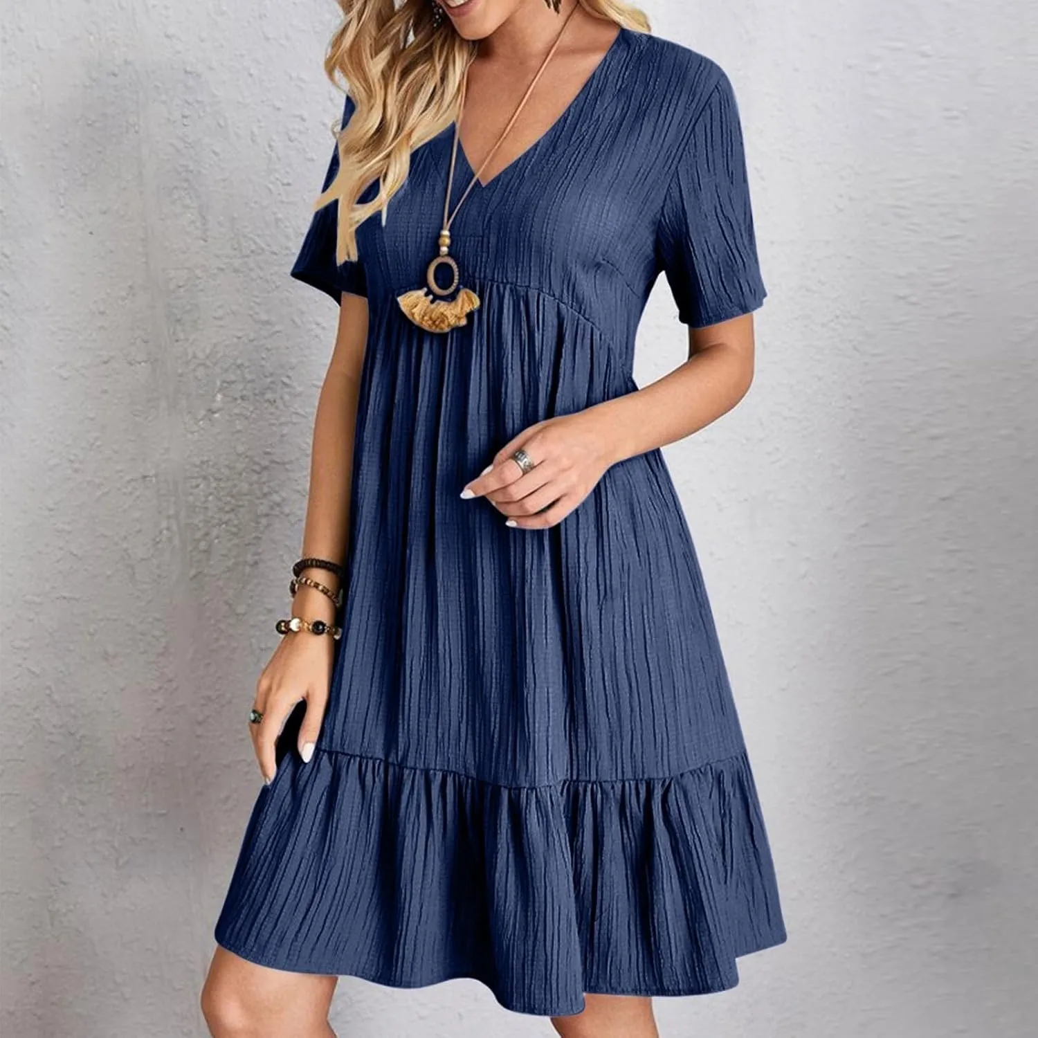 Women's Summer Dresses Casual Midi Swing Short Sleeve V Neck Tiered A Line Flowy Beach Dress Sundress 2025