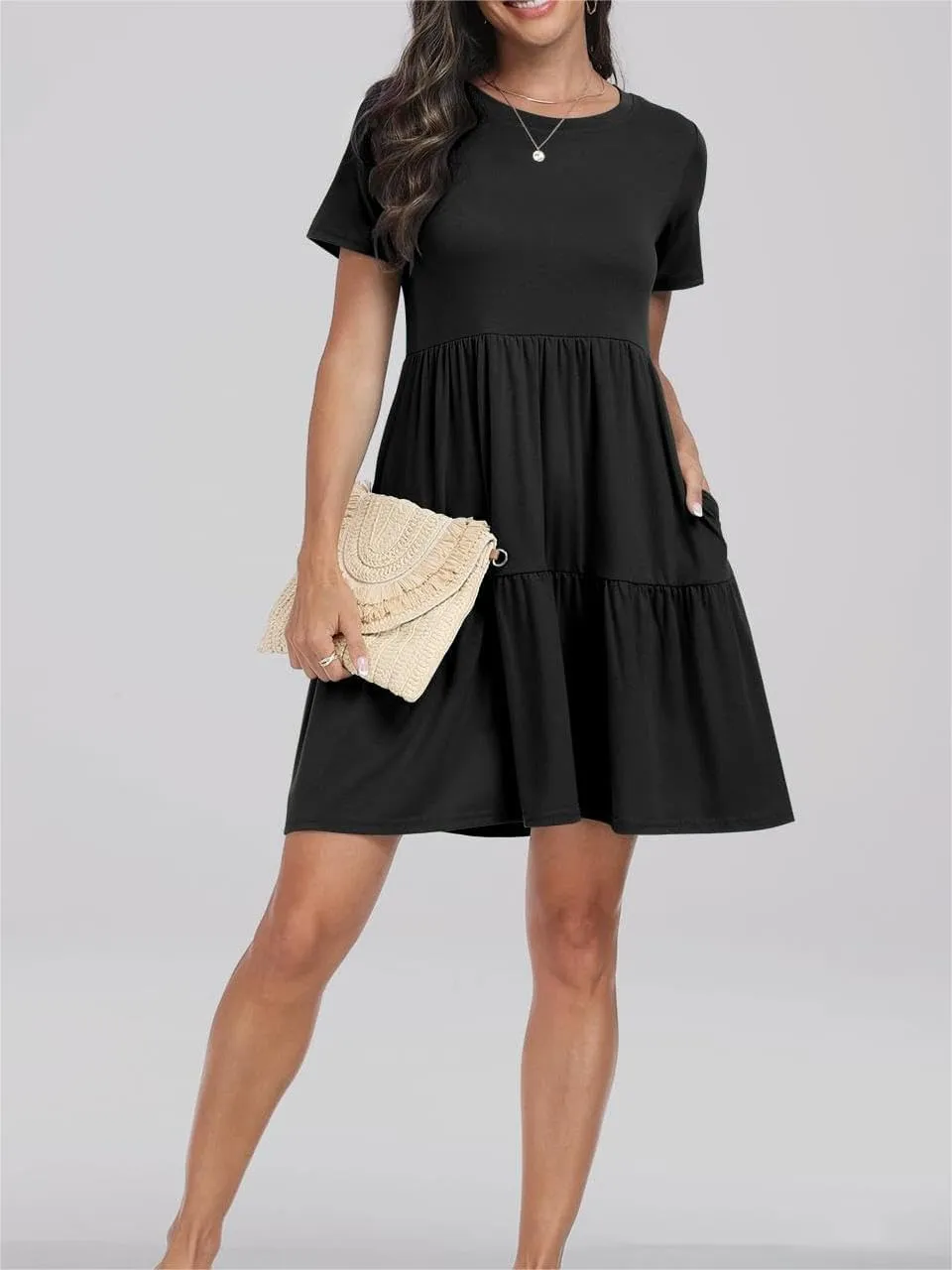 Women's Summer Dresses Crewneck Short Sleeve Mini Dress Waist Tiered A-Line Pleated Swing Dresses with Pockets