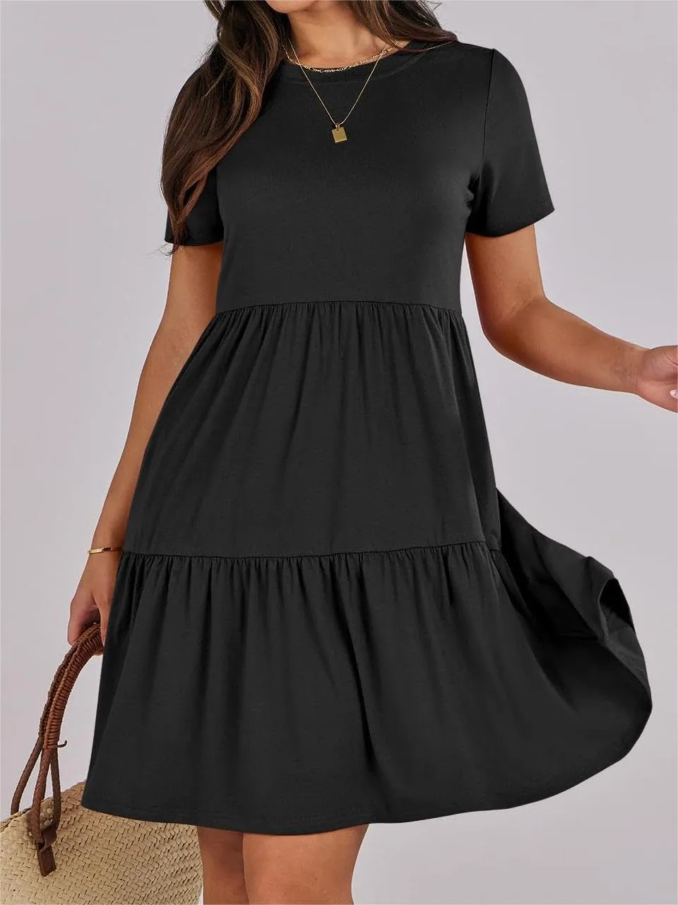 Women's Summer Dresses Crewneck Short Sleeve Mini Dress Waist Tiered A-Line Pleated Swing Dresses with Pockets