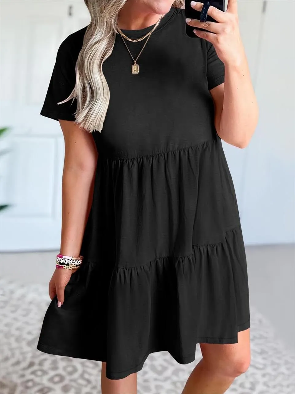 Women's Summer Dresses Crewneck Short Sleeve Mini Dress Waist Tiered A-Line Pleated Swing Dresses with Pockets