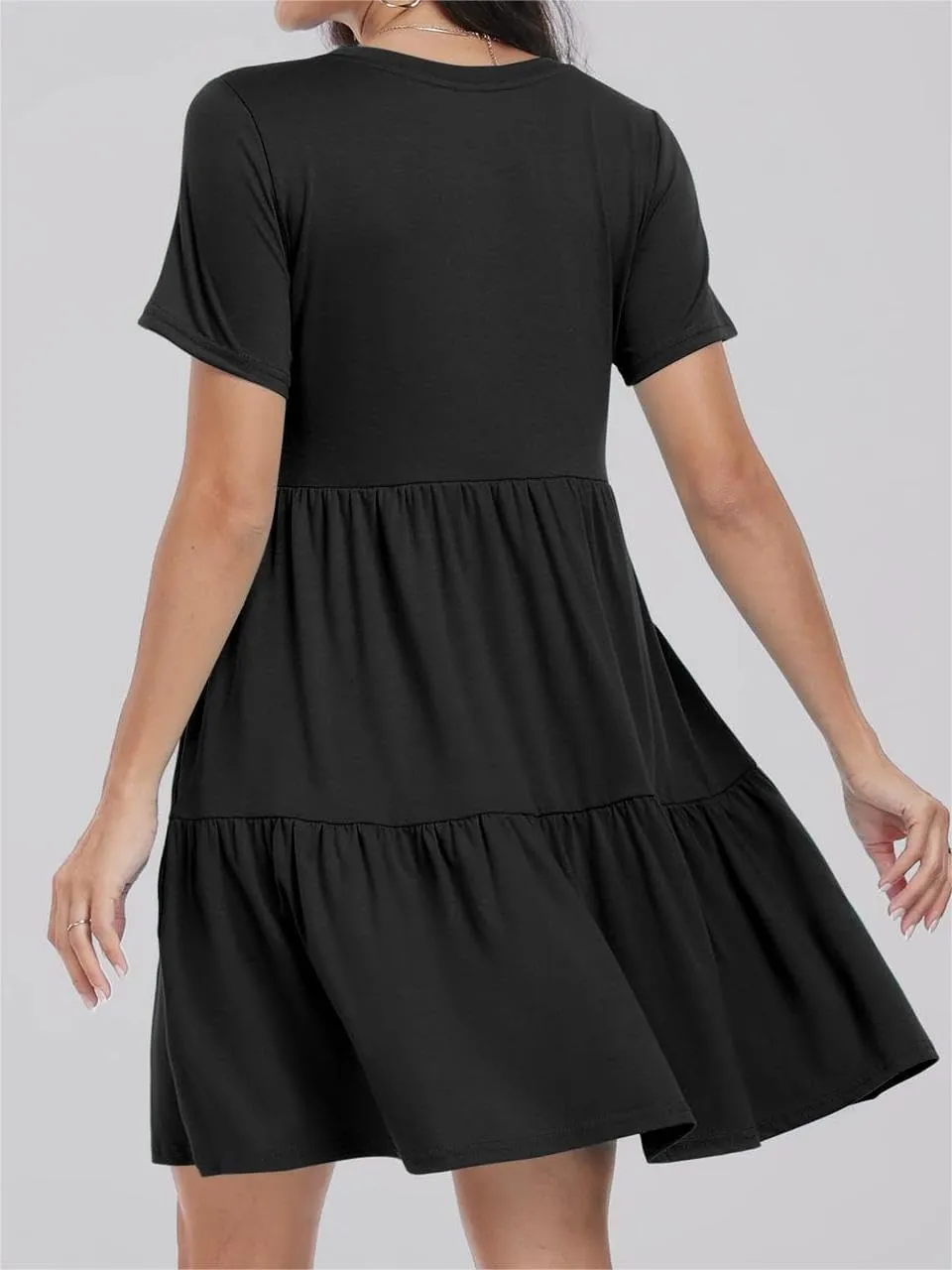 Women's Summer Dresses Crewneck Short Sleeve Mini Dress Waist Tiered A-Line Pleated Swing Dresses with Pockets