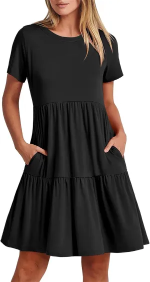 Women's Summer Dresses Crewneck Short Sleeve Mini Dress Waist Tiered A-Line Pleated Swing Dresses with Pockets