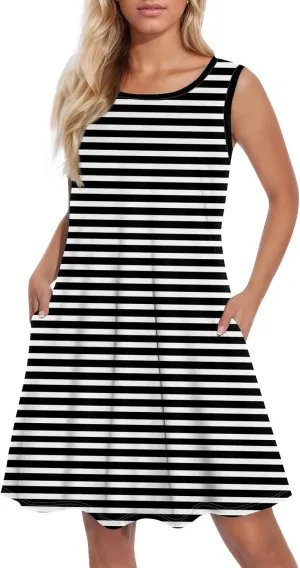 Womens Summer Dresses Loose Round Neck Sleeveless Sundresses Dress with Pockets