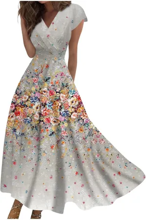 Womens Summer Dresses Maxi Dress Short Sleeve Womens Dresses with Sleeves Summer Flowy Cute