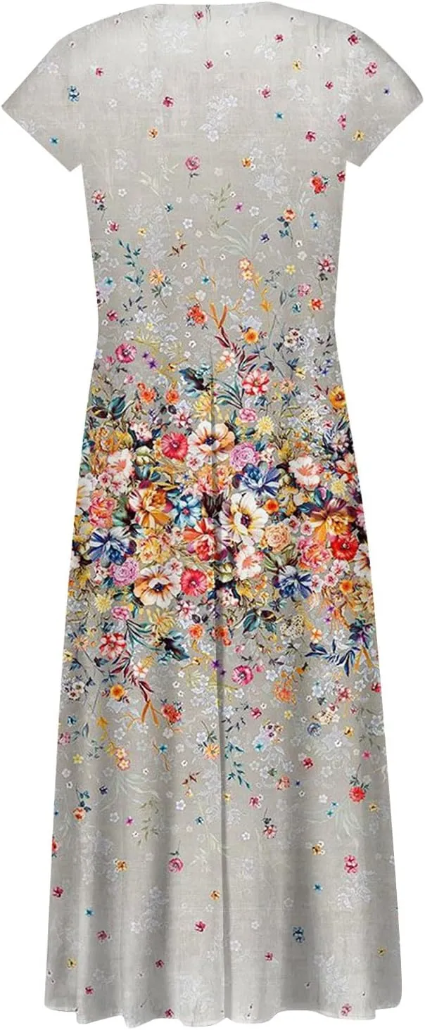 Womens Summer Dresses Maxi Dress Short Sleeve Womens Dresses with Sleeves Summer Flowy Cute