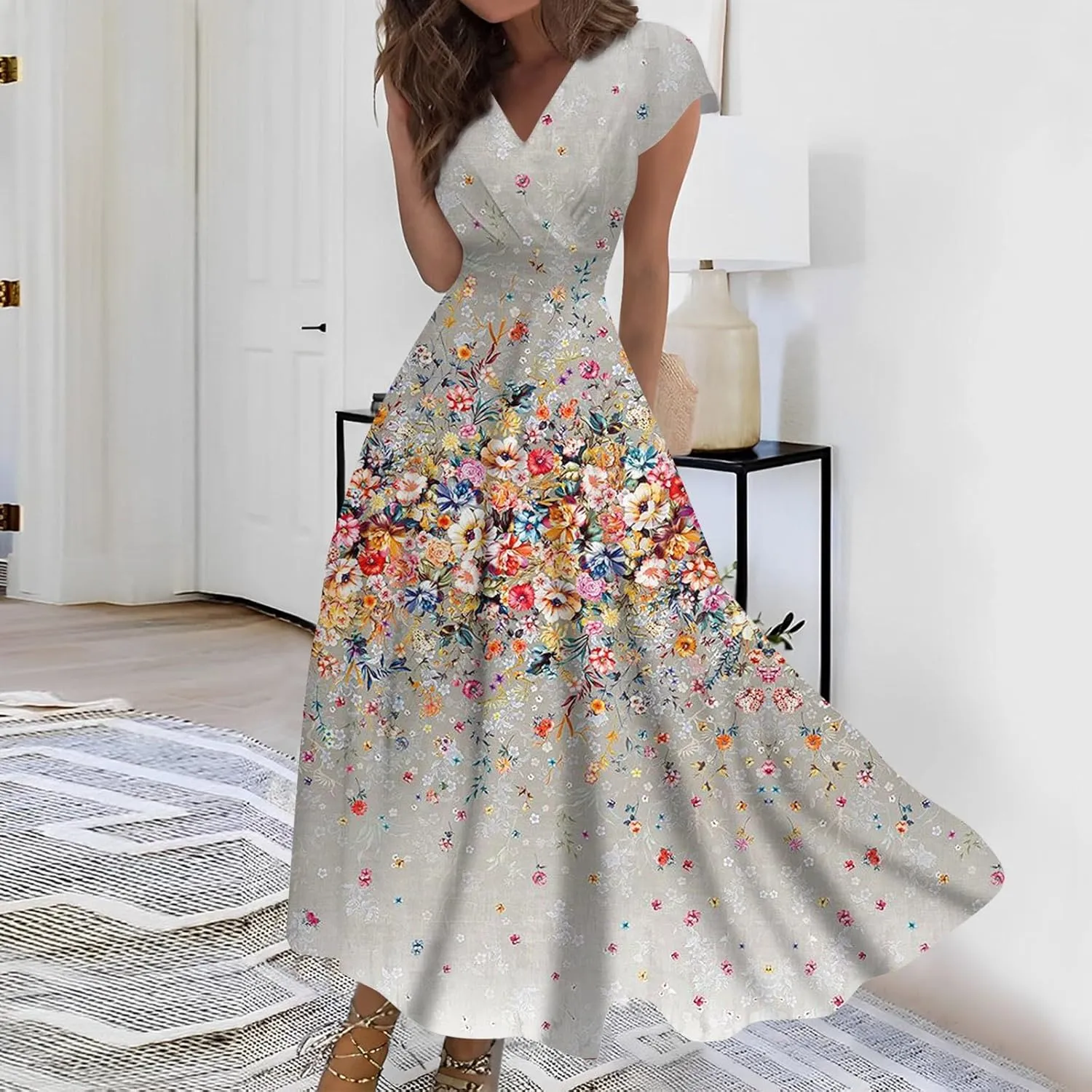 Womens Summer Dresses Maxi Dress Short Sleeve Womens Dresses with Sleeves Summer Flowy Cute