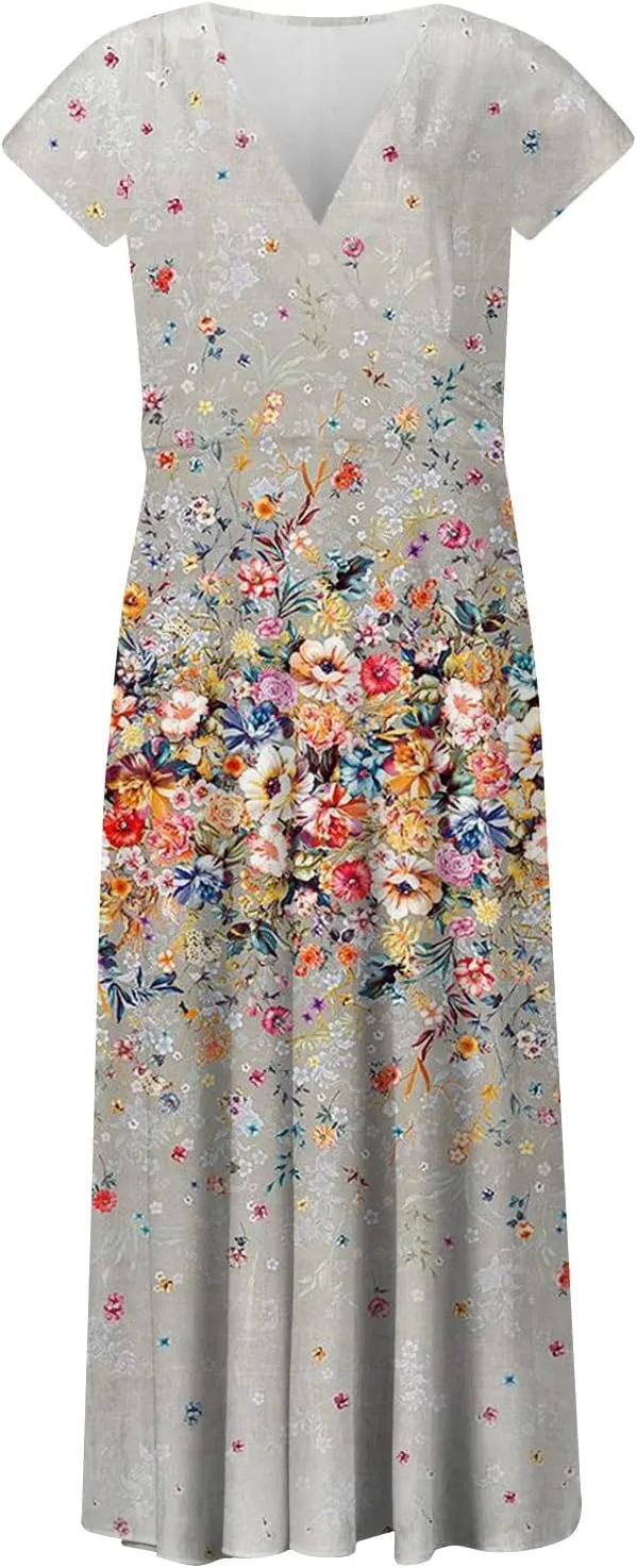 Womens Summer Dresses Maxi Dress Short Sleeve Womens Dresses with Sleeves Summer Flowy Cute