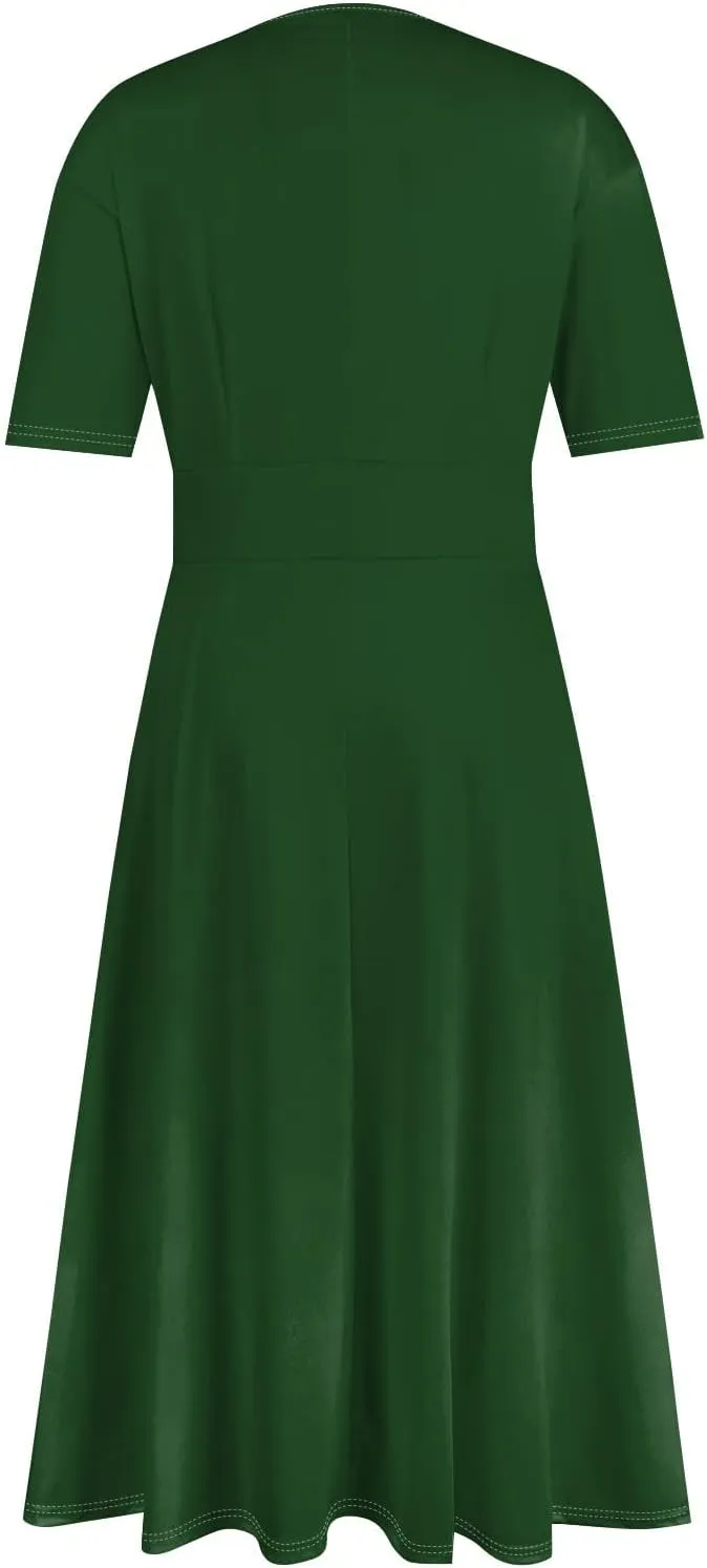 Womens Summer Dresses Summer Casual V-Neck Short Sleeve Dress Aline Beach Tshirt Dress Flowy Solid Color Midi Dresses