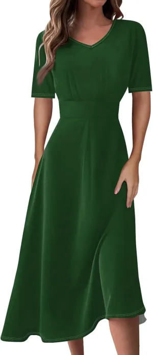Womens Summer Dresses Summer Casual V-Neck Short Sleeve Dress Aline Beach Tshirt Dress Flowy Solid Color Midi Dresses