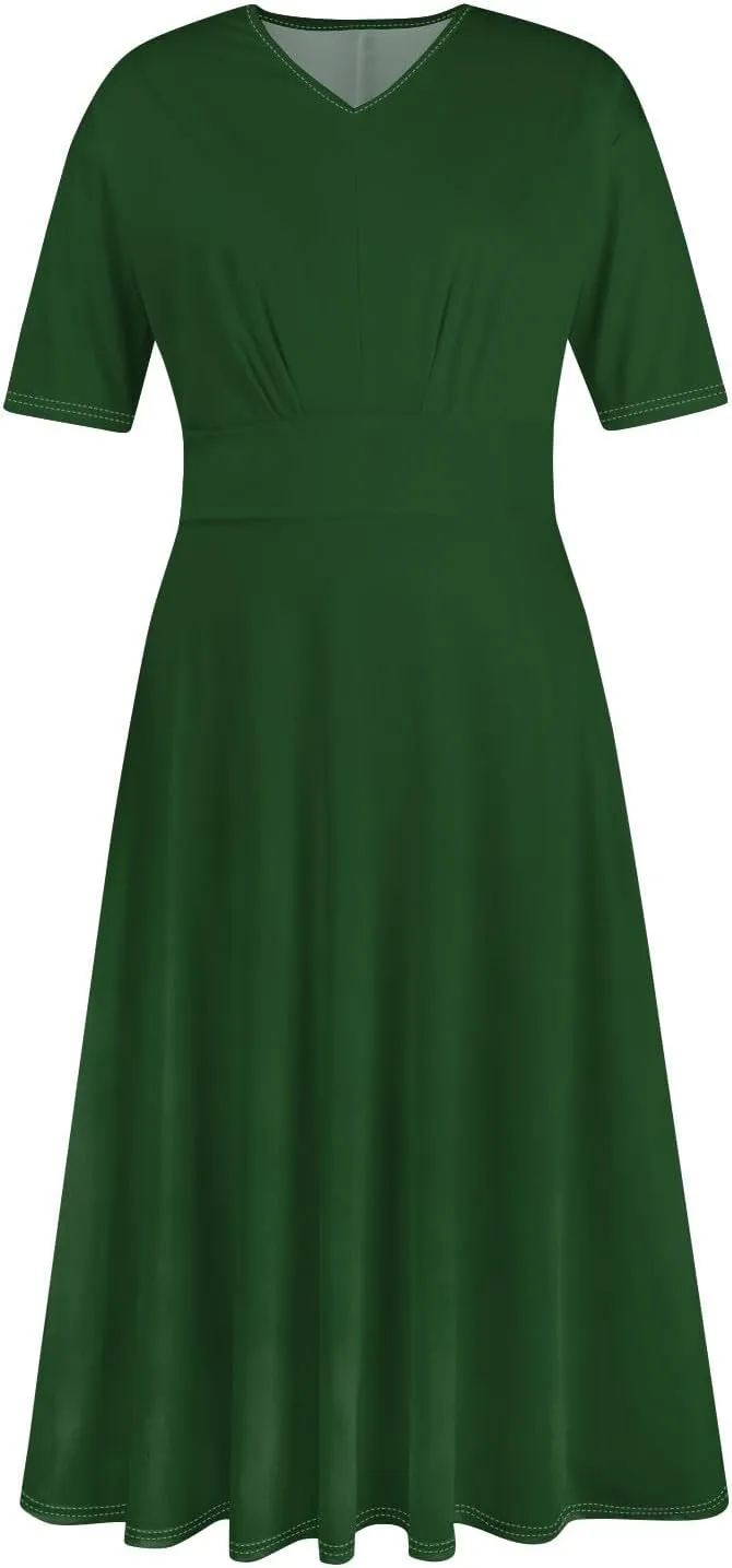 Womens Summer Dresses Summer Casual V-Neck Short Sleeve Dress Aline Beach Tshirt Dress Flowy Solid Color Midi Dresses