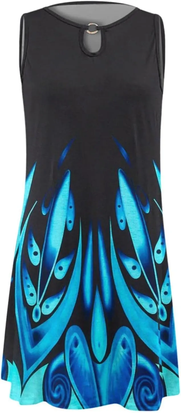 Women's Summer Floral Printed Tank Dress Sleeveless Hollow Out Boho Beach Dress Casual Loose Vacation Sundress