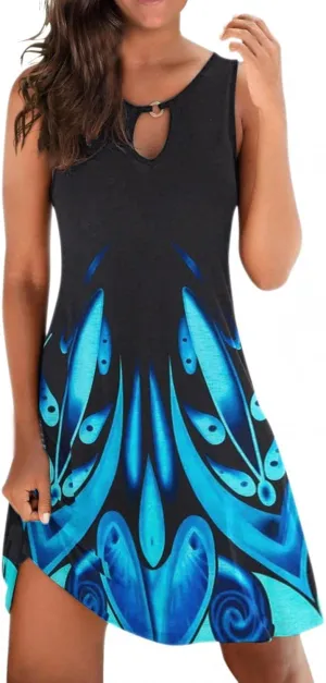 Women's Summer Floral Printed Tank Dress Sleeveless Hollow Out Boho Beach Dress Casual Loose Vacation Sundress