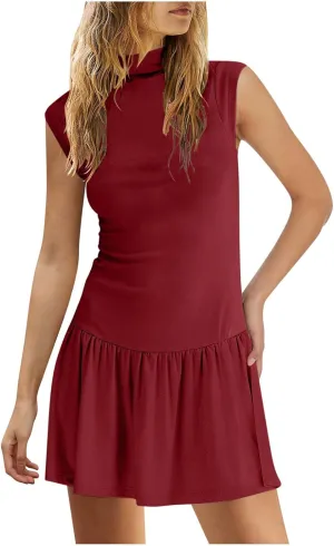 Womens Summer Modal Tank Mini Dress 2025 Fashion Stand Collar Cap Sleeve Ruffle Cute Beach Casual Vacation Dresses