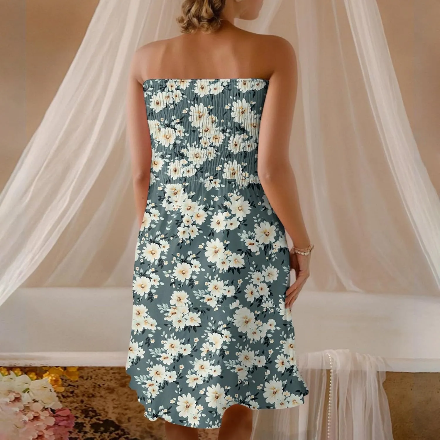 Womens Summer Sexy Strapless Tube Dresses Flowy Ruffle Boho Vivid Floral Mini Dress Backless A Line Short Sundress