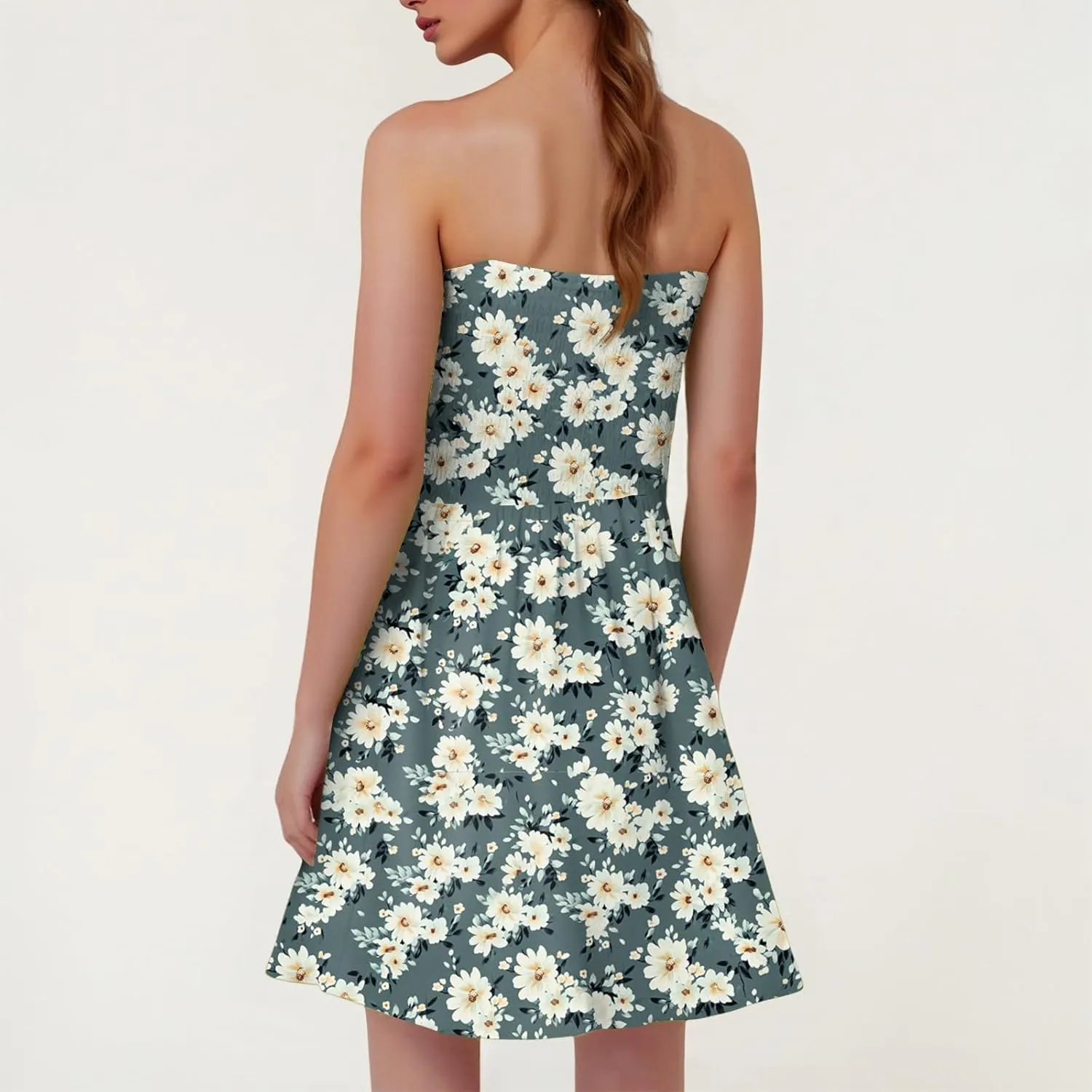 Womens Summer Sexy Strapless Tube Dresses Flowy Ruffle Boho Vivid Floral Mini Dress Backless A Line Short Sundress