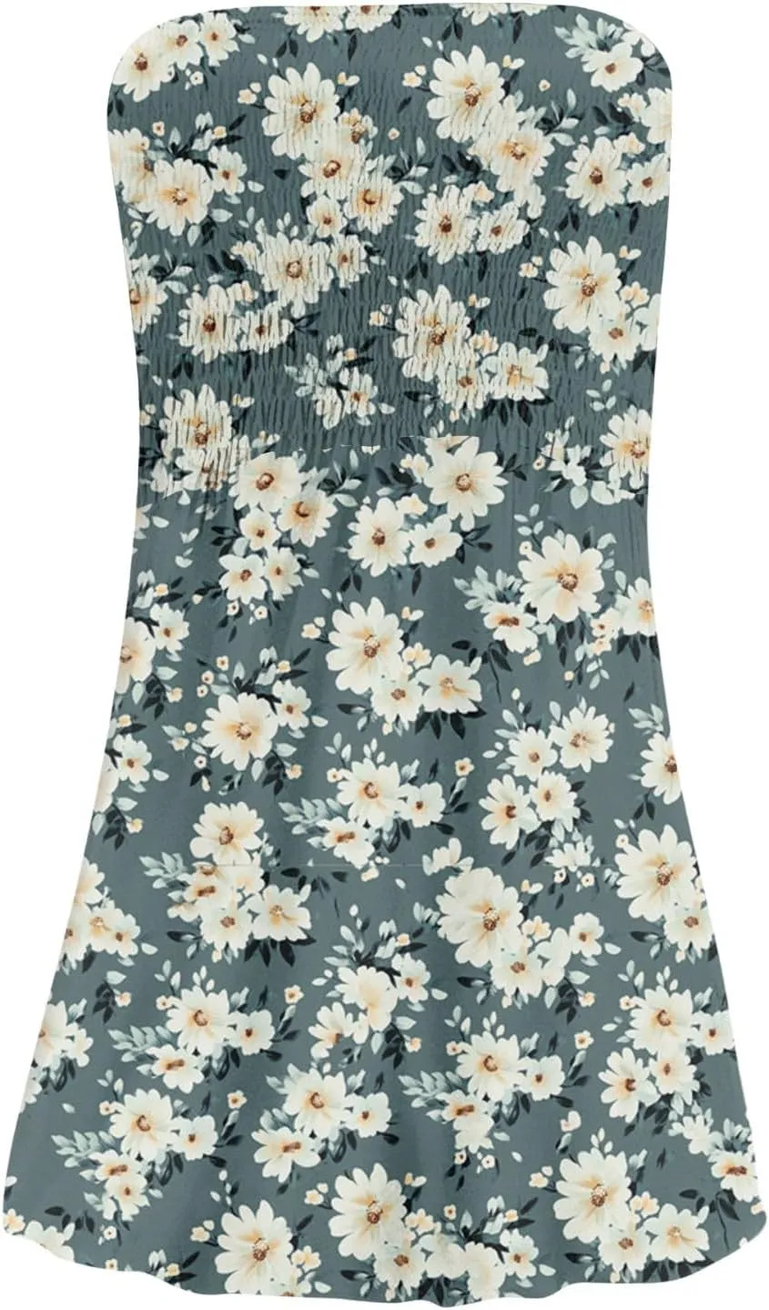Womens Summer Sexy Strapless Tube Dresses Flowy Ruffle Boho Vivid Floral Mini Dress Backless A Line Short Sundress