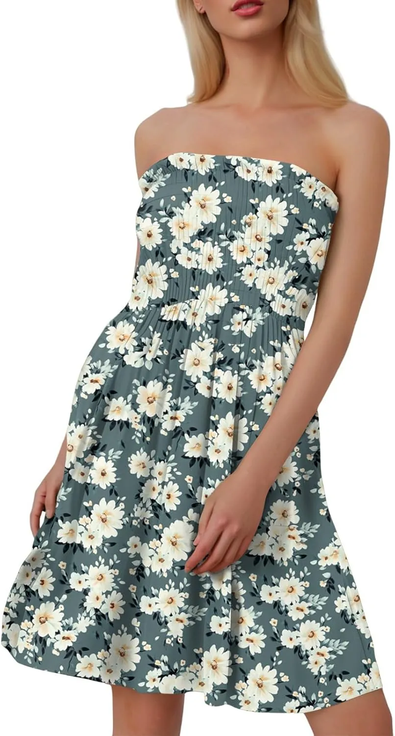 Womens Summer Sexy Strapless Tube Dresses Flowy Ruffle Boho Vivid Floral Mini Dress Backless A Line Short Sundress