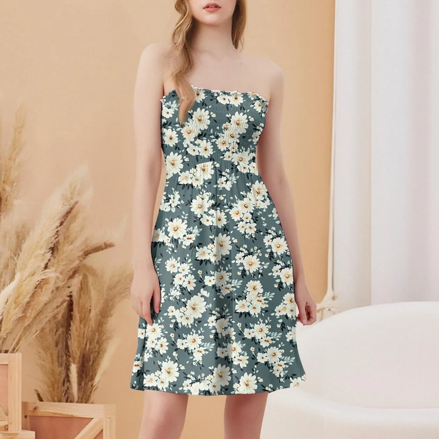 Womens Summer Sexy Strapless Tube Dresses Flowy Ruffle Boho Vivid Floral Mini Dress Backless A Line Short Sundress