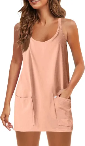 Womens Summer Sleeveless Mini Dress V Neck Spaghetti Strap Sundress Athletic Short Dress with Pockets