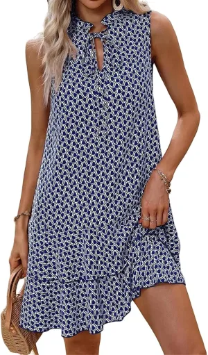 Womens Summer Tie Neck Mini Dresses Tiered Layered Ruffle Hem Sleeveless Loose Sundress Casual Boho Floral Dress