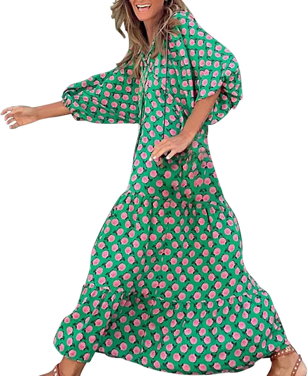 Womens Sundress Pleated Ruffle Maxi Dresses Pretty Garden Dresses for Women Long Puff Sleeve Skirt Vacation Summer 2025
